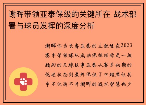 谢晖带领亚泰保级的关键所在 战术部署与球员发挥的深度分析